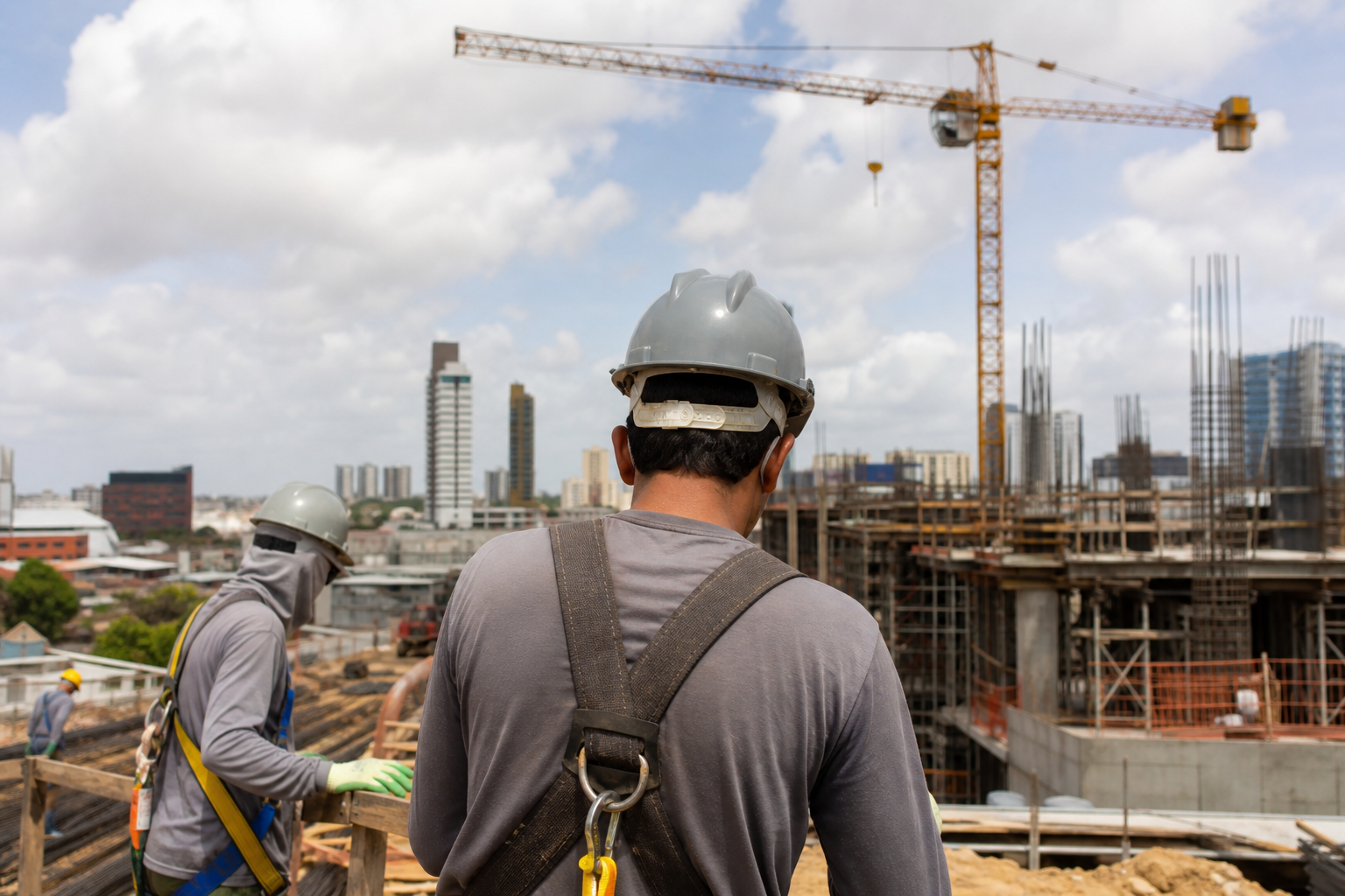 Trabalhadores atuam em obra de construção civil em Campina Grande, setor que liderou a criação de empregos em julho de 2026.